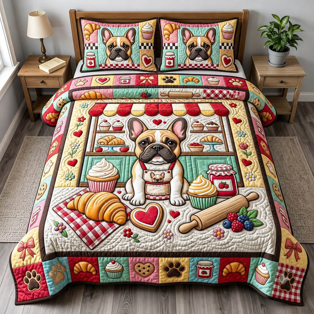 French Bulldog 3 Piece Quilted Bedding Set Gift For Dog Lovers