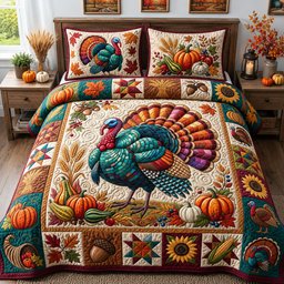 Disco Harvest Turkey 3 Piece Quilted Bedding Set Gift For Farmhouse Decor Lovers
