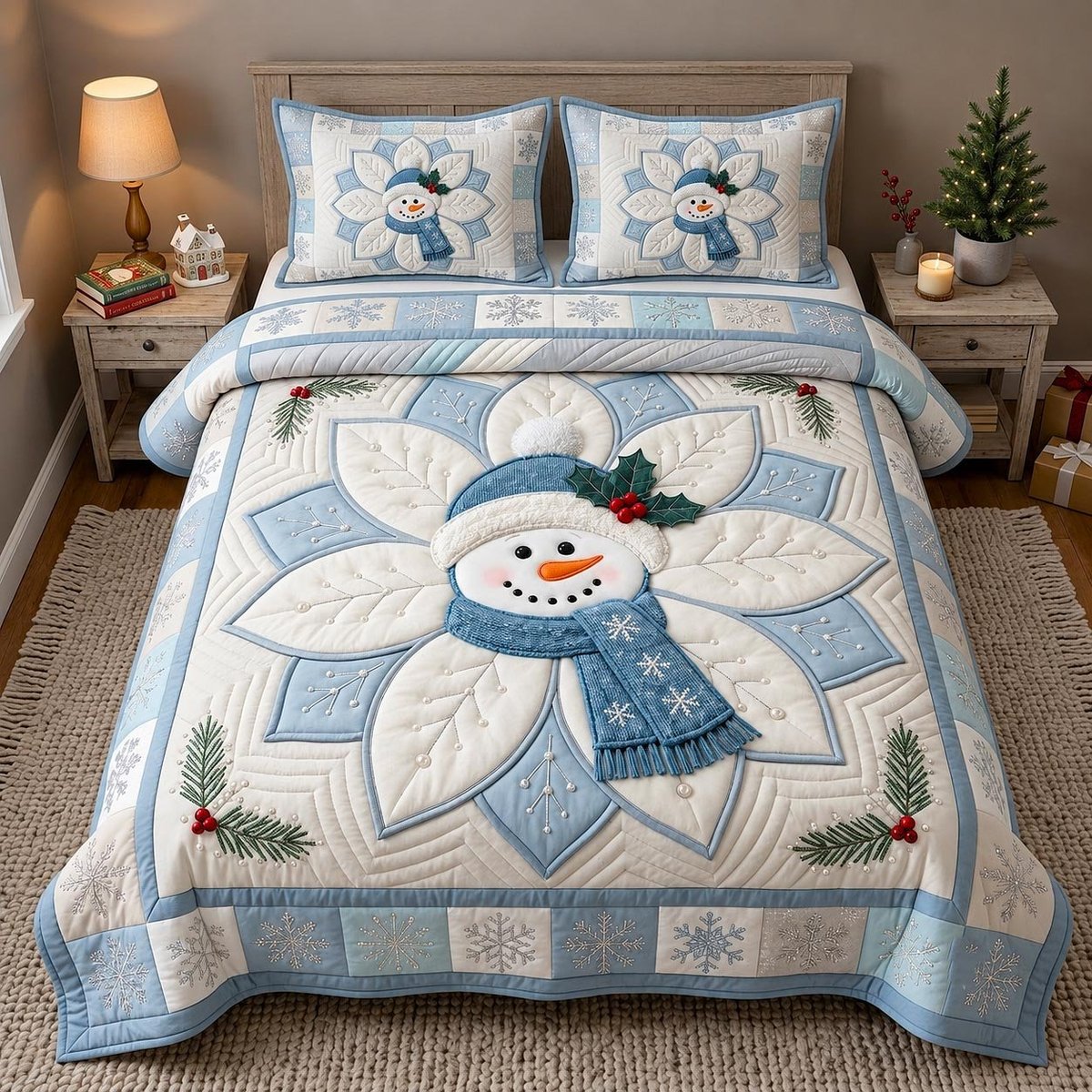 Icy Snowman 3 Piece Quilted Bedding Set Gift For Holiday Decor Lovers