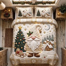Cozy Gnome 3 Piece Quilted Bedding Set Christmas Gift For Holiday Decor Lovers