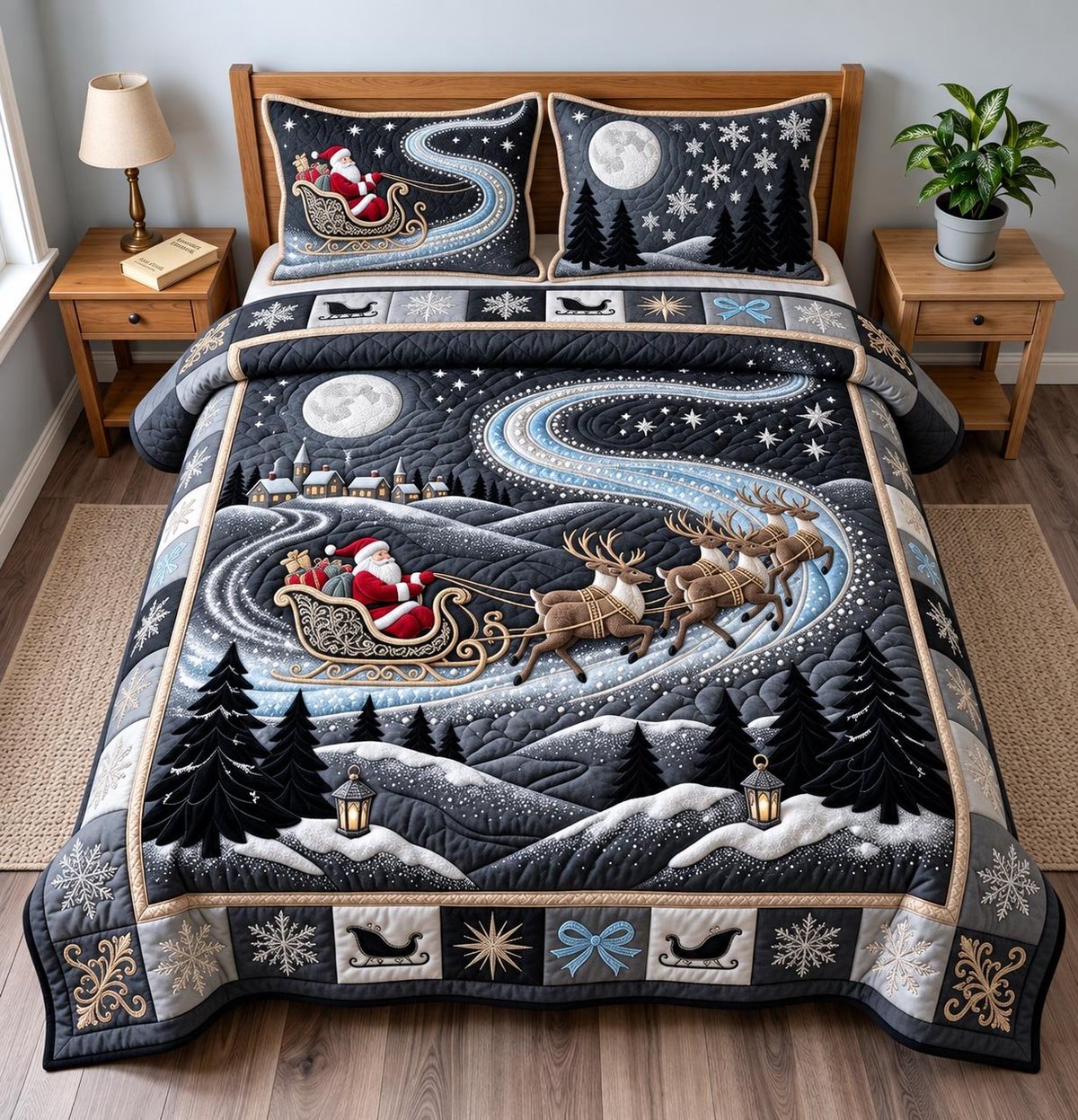 Santa Sleigh Night 3 Piece Quilted Bedding Set Christmas Gift For Holiday Decor Lovers