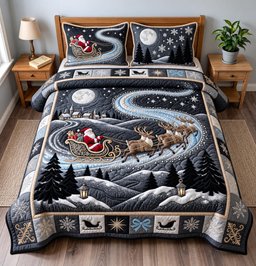 Santa Sleigh Night 3 Piece Quilted Bedding Set Christmas Gift For Holiday Decor Lovers