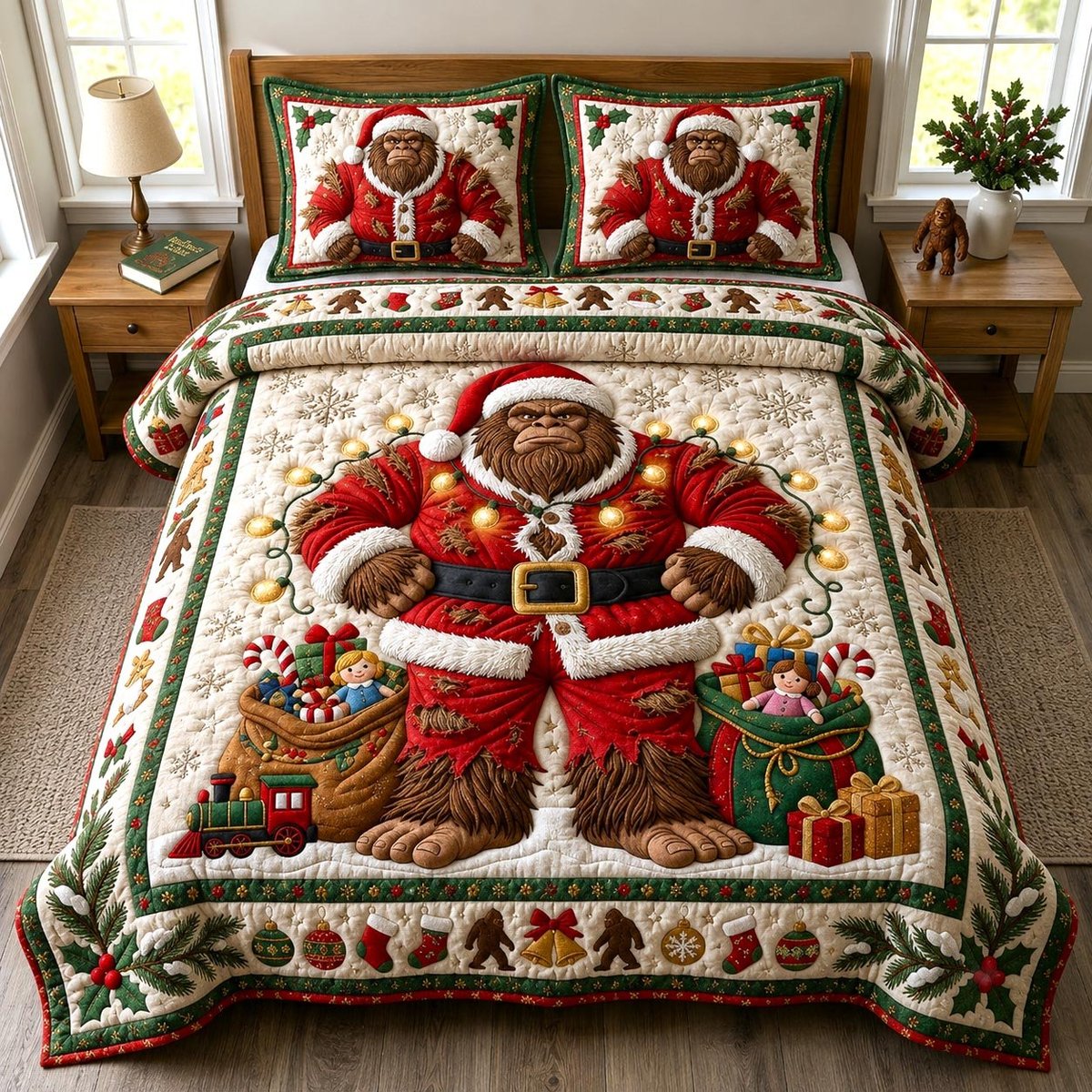 Bigfoot Santa 3 Piece Quilted Bedding Set Christmas Gift For Holiday Decor Lovers