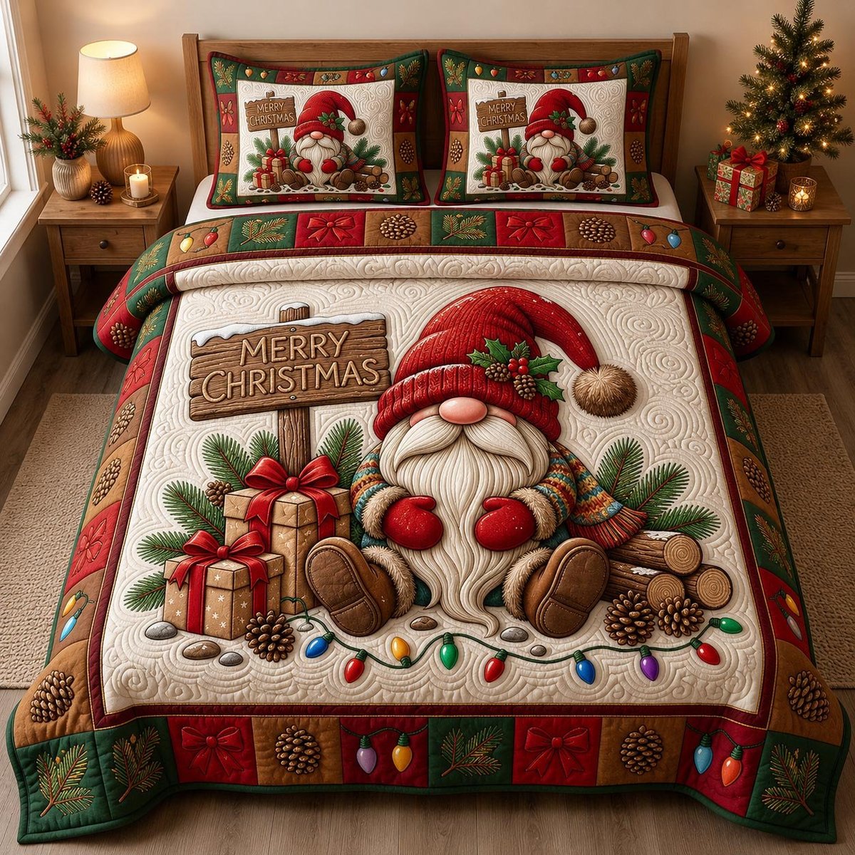 Festive Gnome 3 Piece Quilted Bedding Set Christmas Gift For Holiday Decor Lovers