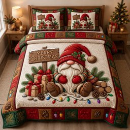 Festive Gnome 3 Piece Quilted Bedding Set Christmas Gift For Holiday Decor Lovers