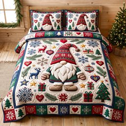 Festive Gnome 3 Piece Quilted Bedding Set Christmas Gift For Holiday Decor Lovers