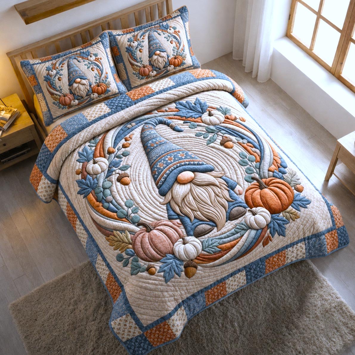 Blue Gnome 3 Piece Quilted Bedding Set Gift For Holiday Decor Lovers