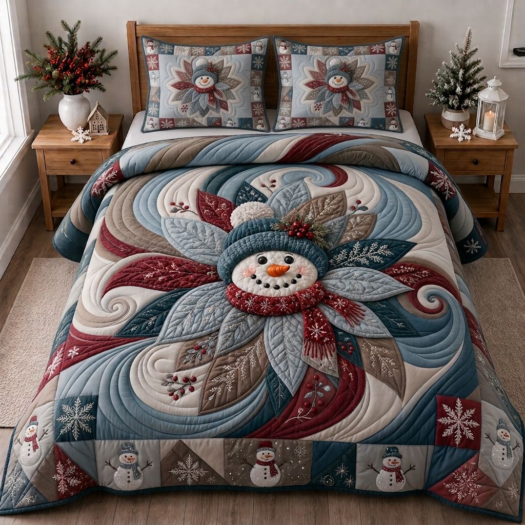 Snowman Cheer 3 Piece Quilted Bedding Set Christmas Gift For Holiday Decor Lovers
