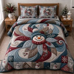 Snowman Cheer 3 Piece Quilted Bedding Set Christmas Gift For Holiday Decor Lovers