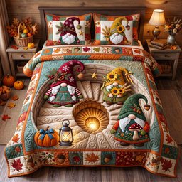 Fall Gnome 3 Piece Quilted Bedding Set Gift For Holiday Decor Lovers