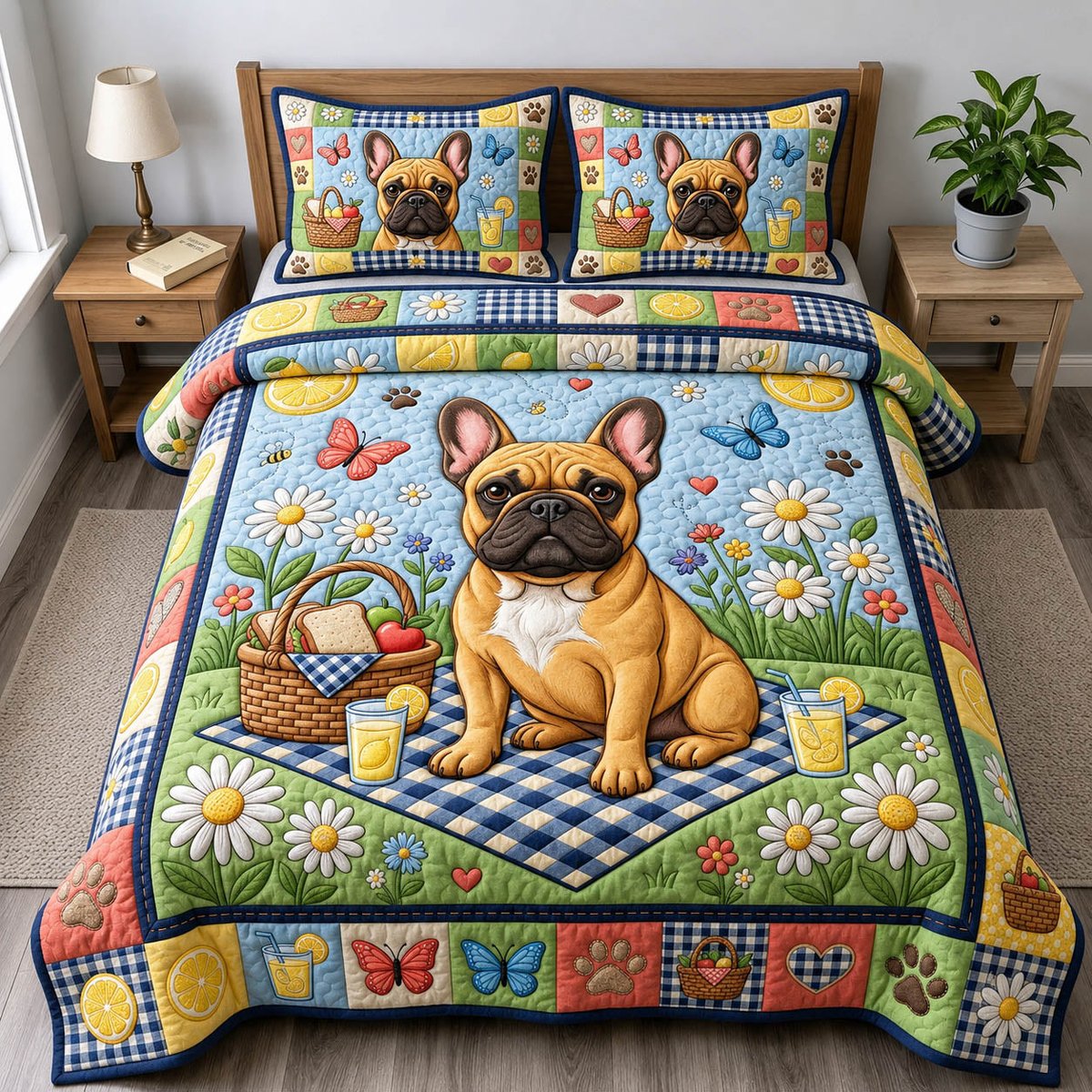French Bulldog 3 Piece Quilted Bedding Set Gift For Dog Lovers
