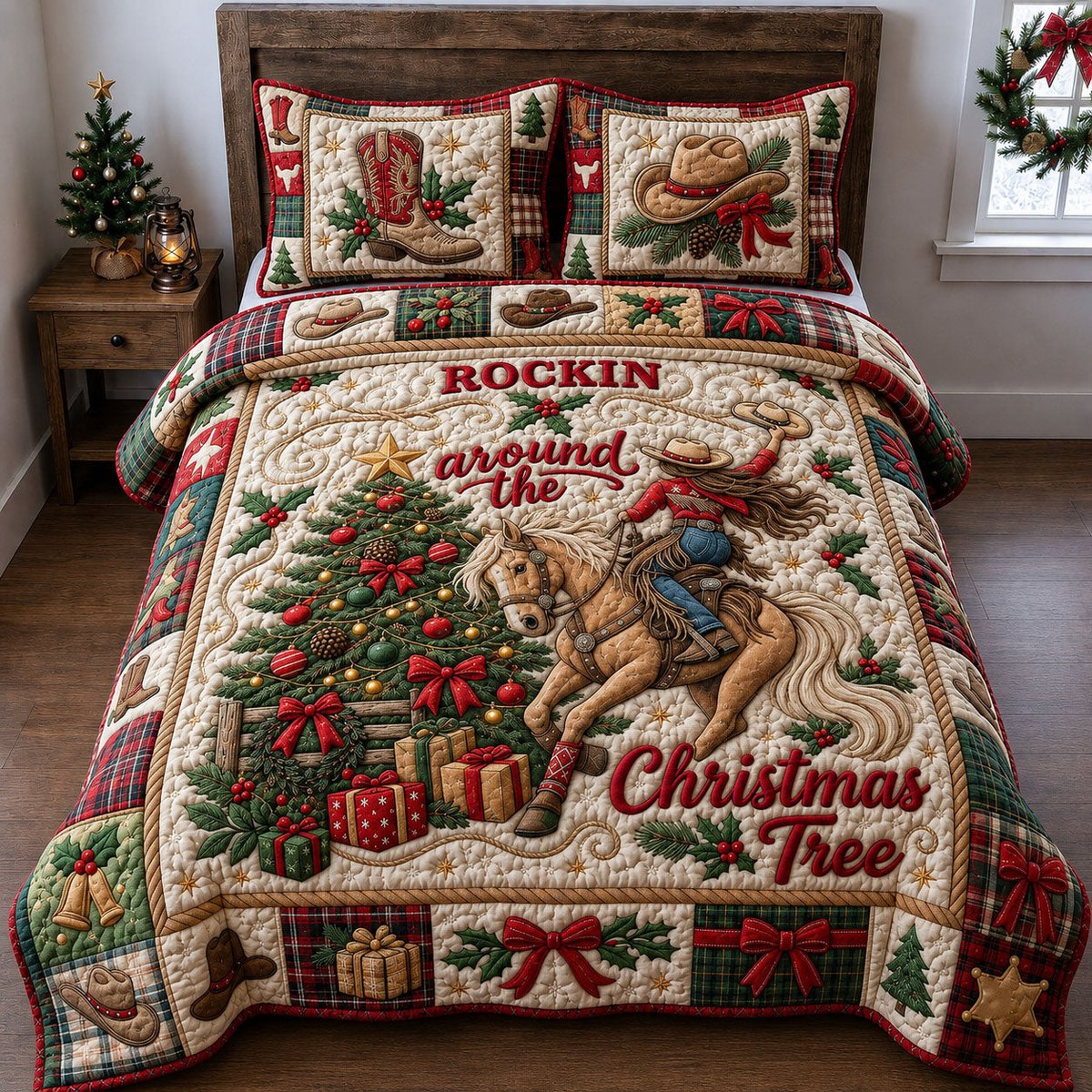 Rockin Around the Tree 3 Piece Quilted Bedding Set Christmas Gift For Holiday Decor Lovers