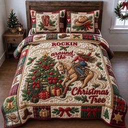 Rockin Around the Tree 3 Piece Quilted Bedding Set Christmas Gift For Holiday Decor Lovers