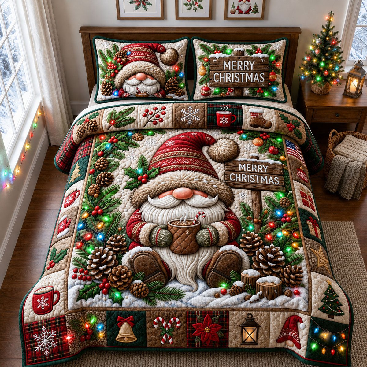 Merry 3 Piece Quilted Bedding Set Christmas Gift For Holiday Decor Lovers