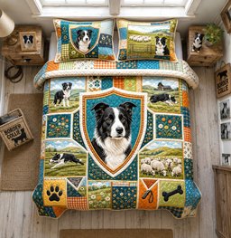 Border Collie Farm Guardian 3 Piece Quilted Bedding Set Gift For Dog Lovers