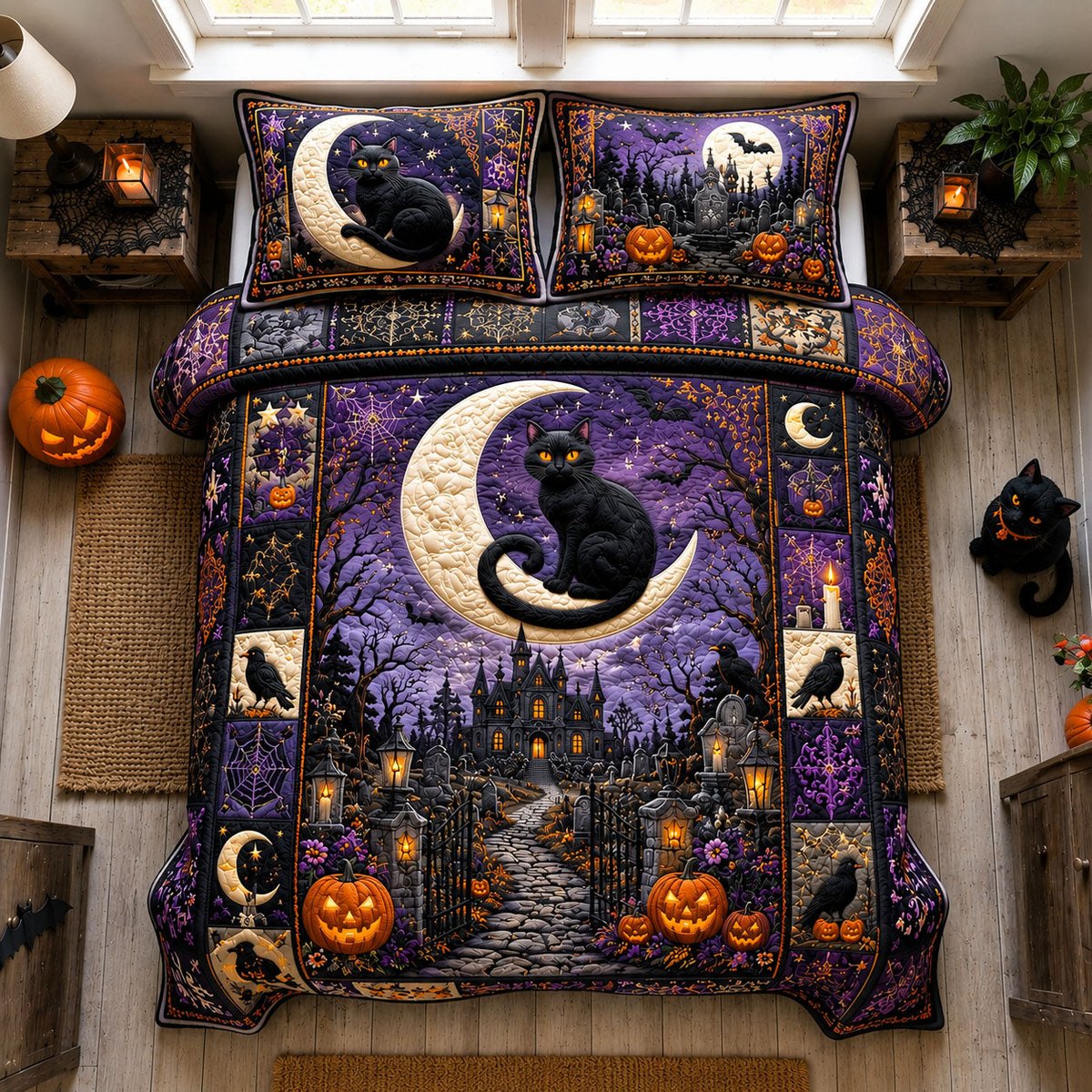 Black Cat Crescent Moon 3 Piece Quilted Bedding Set Gift For Cat Lovers