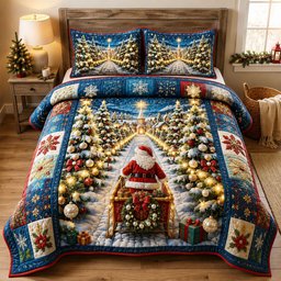 Santa Village 3 Piece Quilted Bedding Set Christmas Gift For Holiday Decor Lovers