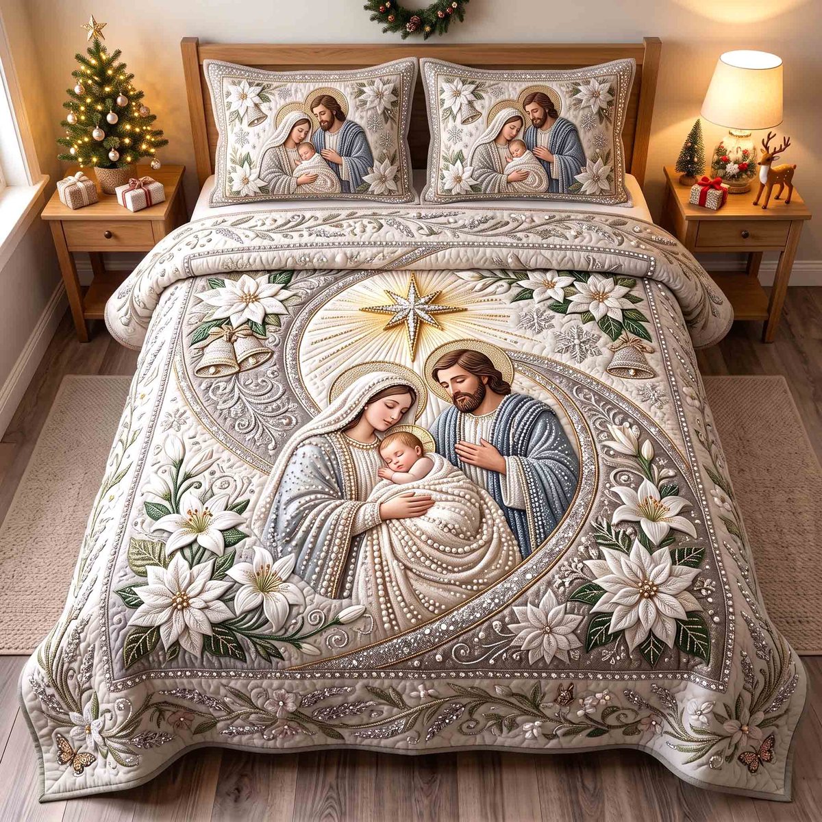 Holy Nativity Christian 3 Piece Quilted Bedding Set Gift For Christians