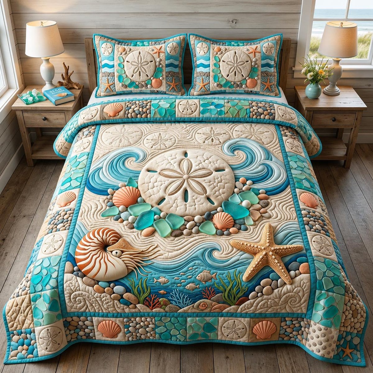 Coastal Whisper Beach 3 Piece Quilted Bedding Set Gift For Beach Lovers