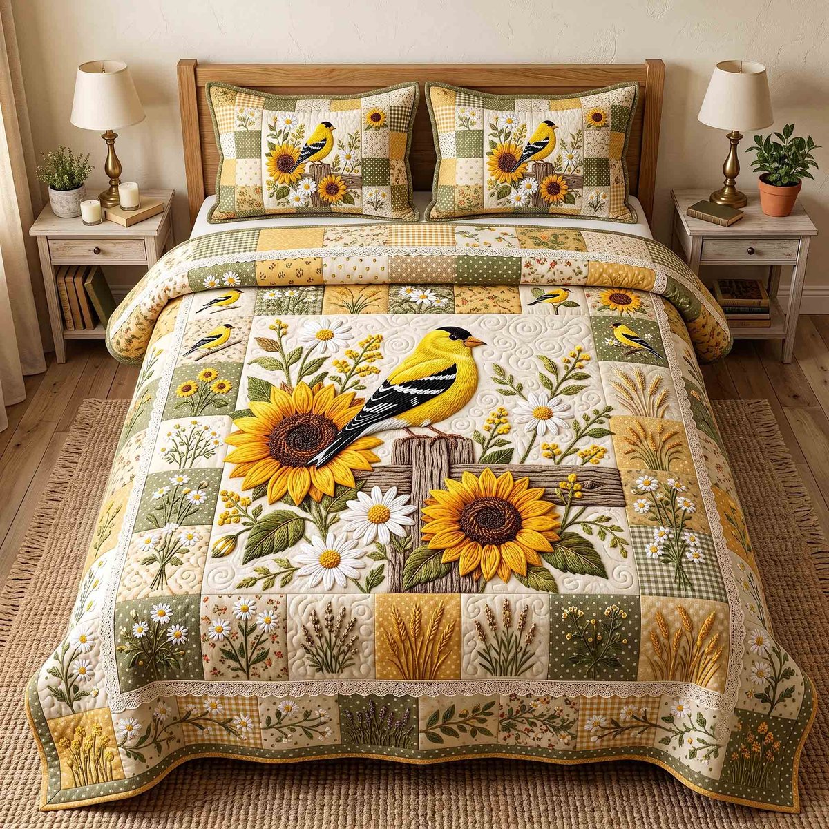 Goldfinch Sunflower Garden 3 Piece Quilted Bedding Set Gift For Flower Lovers