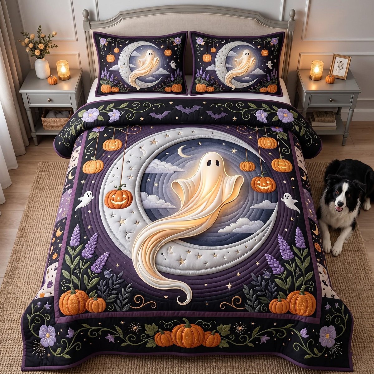 Mystic Ghost 3 Piece Quilted Bedding Set Halloween Gift For Gothic Decor Lovers