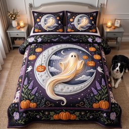 Mystic Ghost 3 Piece Quilted Bedding Set Halloween Gift For Gothic Decor Lovers