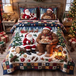 Santa Sasquatch 3 Piece Quilted Bedding Set Christmas Gift For Holiday Decor Lovers