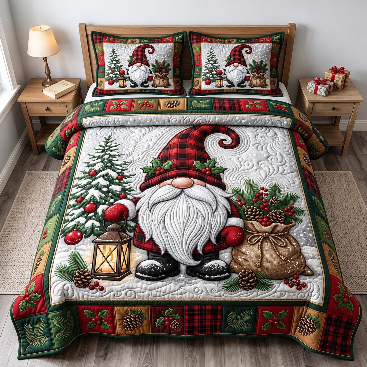 Festive Gnome 3 Piece Quilted Bedding Set Christmas Gift For Holiday Decor Lovers