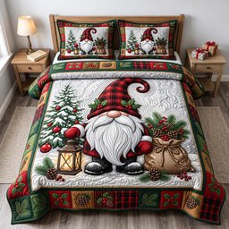 Festive Gnome 3 Piece Quilted Bedding Set Christmas Gift For Holiday Decor Lovers
