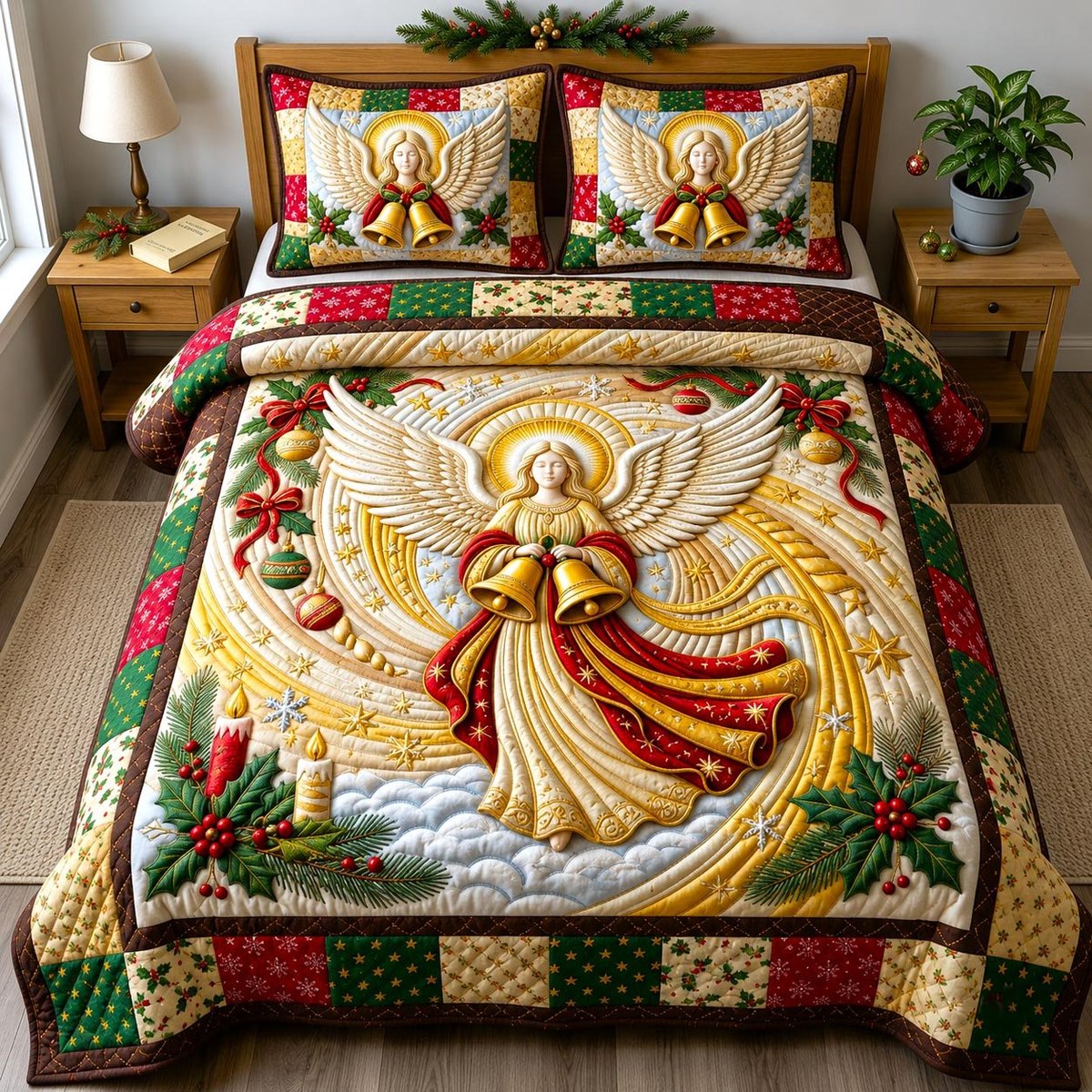 Angel Christian 3 Piece Quilted Bedding Set Christmas Gift For Holiday Decor Lovers