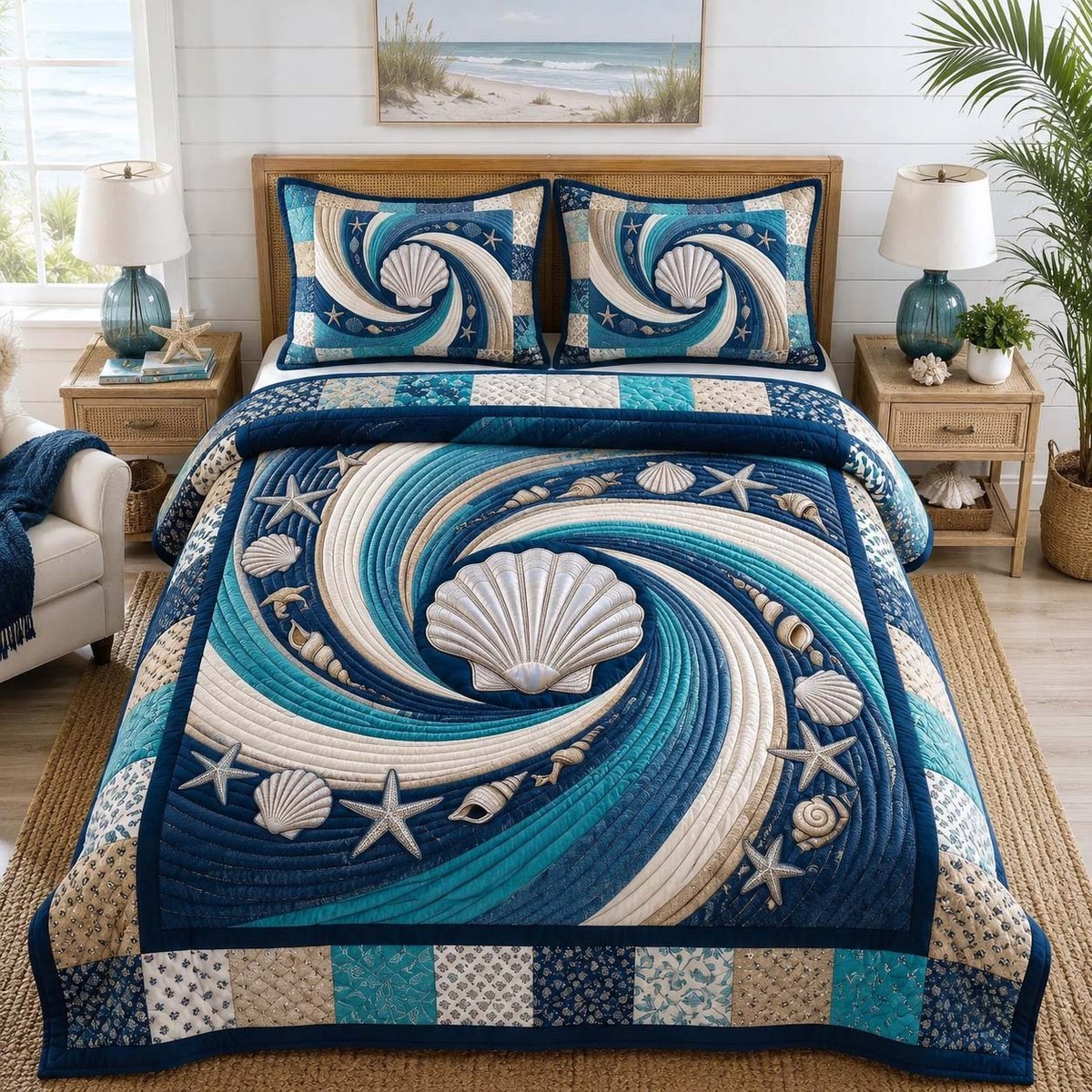 Coastal Whisper Beach 3 Piece Quilted Bedding Set Gift For Beach Lovers