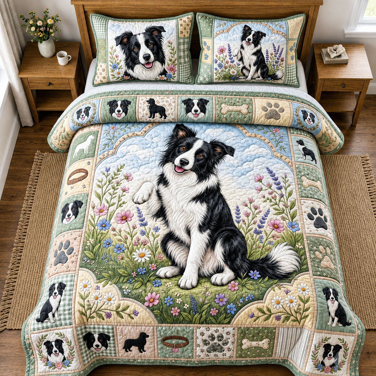 Floral Border Collie 3 Piece Quilted Bedding Set Gift For Dog Lovers