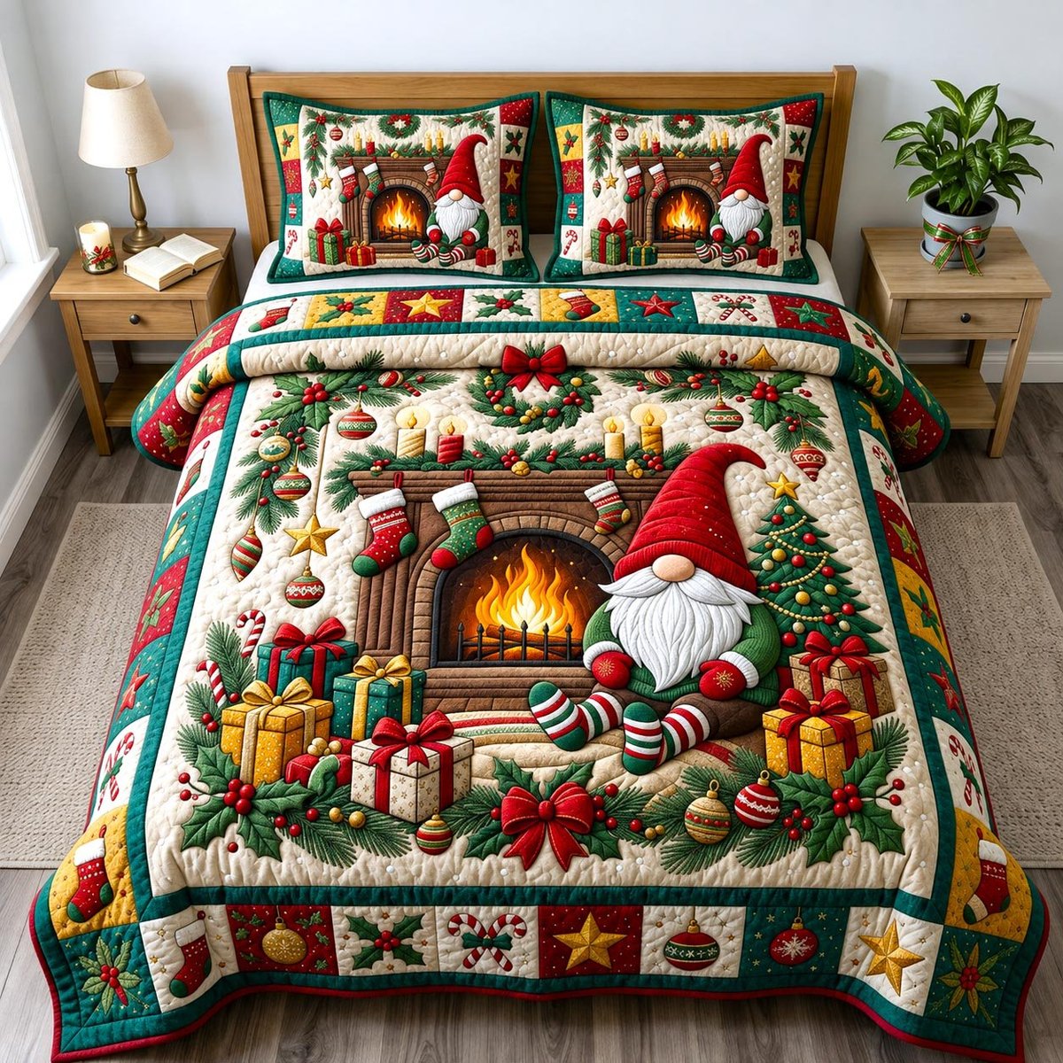 Festive Gnome 3 Piece Quilted Bedding Set Christmas Gift For Holiday Decor Lovers