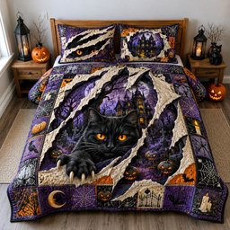 Black Cat Ripped 3 Piece Quilted Bedding Set Halloween Gift For Cat Lovers