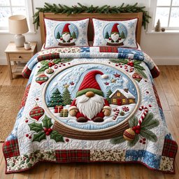 Festive Gnome 3 Piece Quilted Bedding Set Christmas Gift For Holiday Decor Lovers