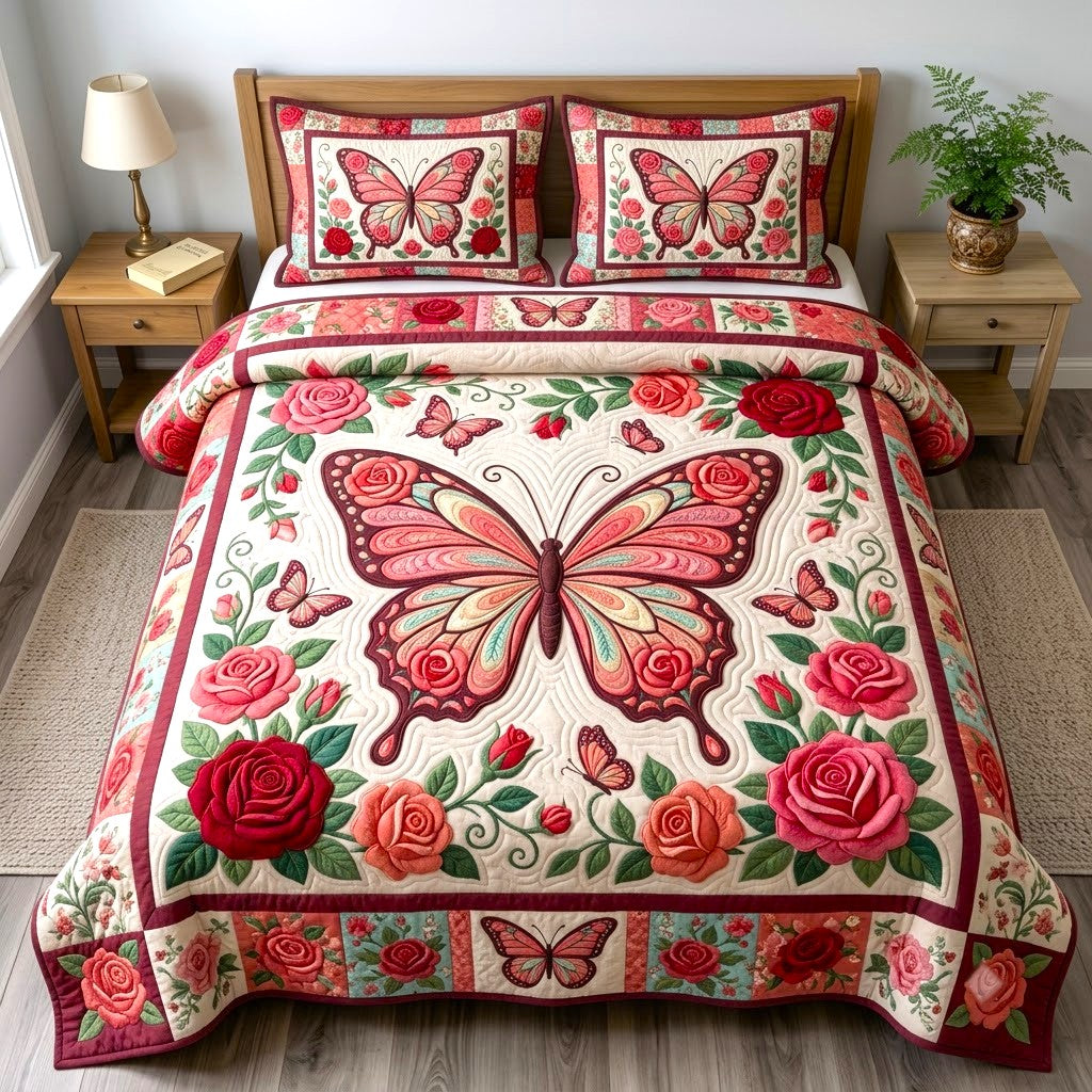 Butterfly Garden 3 Piece Quilted Bedding Set Gift For Butterfly Lovers