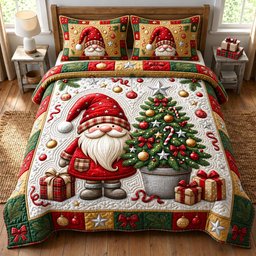 Festive Gnome 3 Piece Quilted Bedding Set Christmas Gift For Holiday Decor Lovers