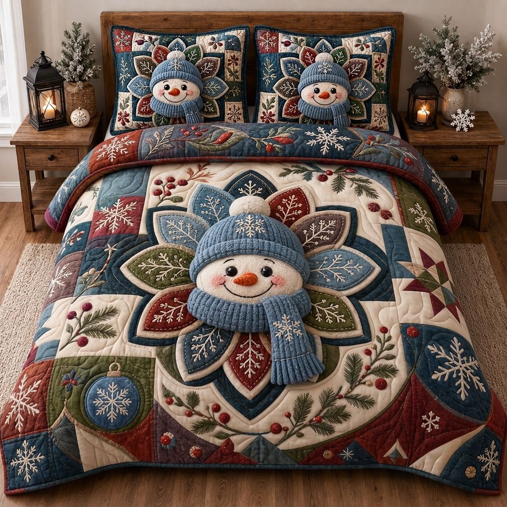 Cozy Snowman Nights 3 Piece Quilted Bedding Set Gift For Holiday Decor Lovers
