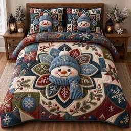 Cozy Snowman Nights 3 Piece Quilted Bedding Set Gift For Holiday Decor Lovers
