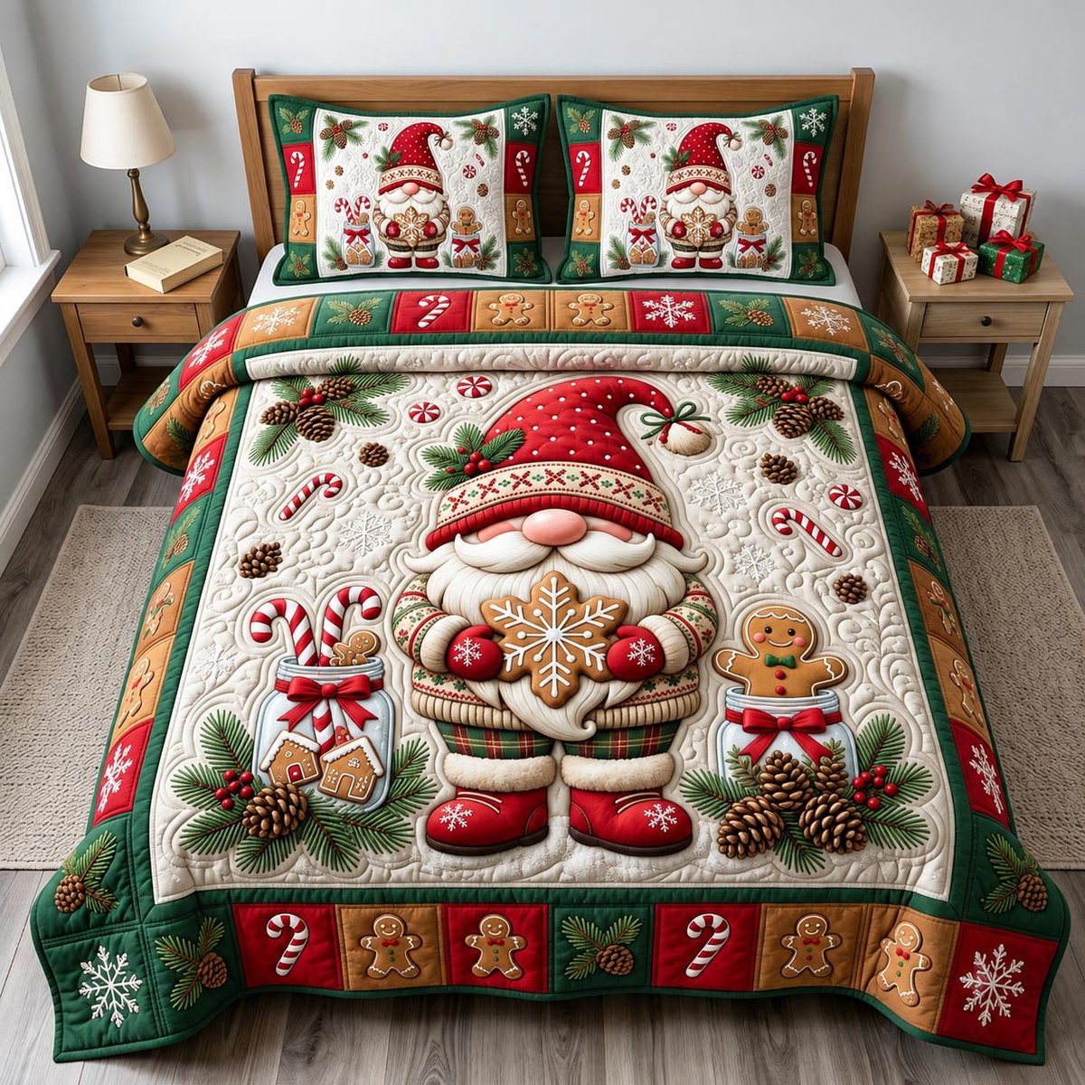 Festive Gnome 3 Piece Quilted Bedding Set Christmas Gift For Holiday Decor Lovers