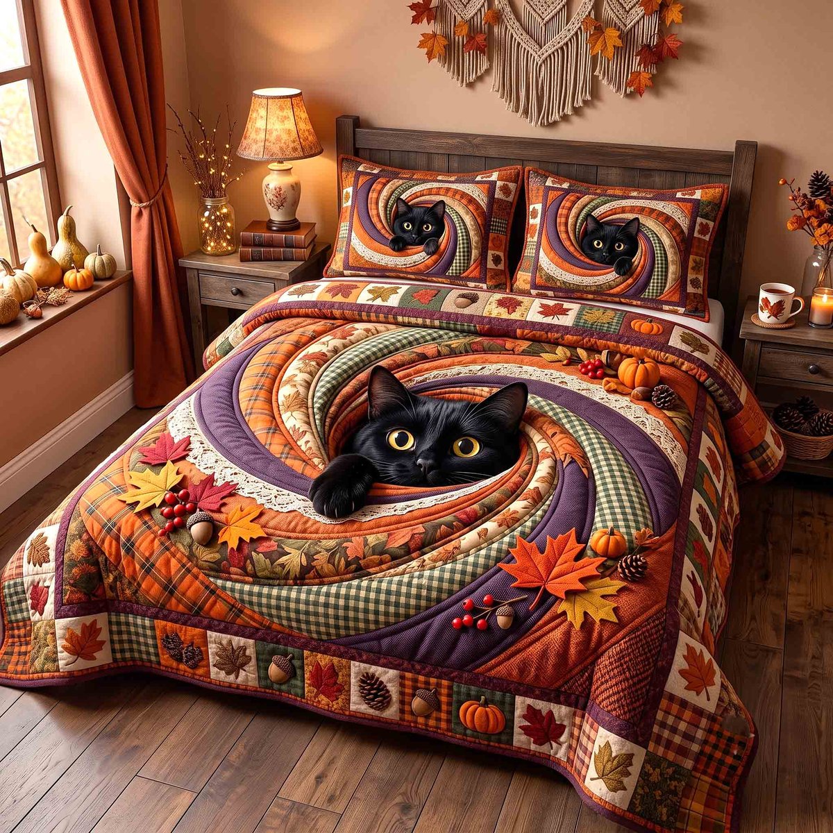 Pumpkin Cat Whimsy 3 Piece Quilted Bedding Set Halloween Gift For Cat Lovers