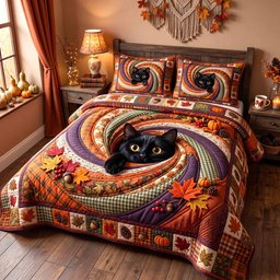 Pumpkin Cat Whimsy 3 Piece Quilted Bedding Set Halloween Gift For Cat Lovers
