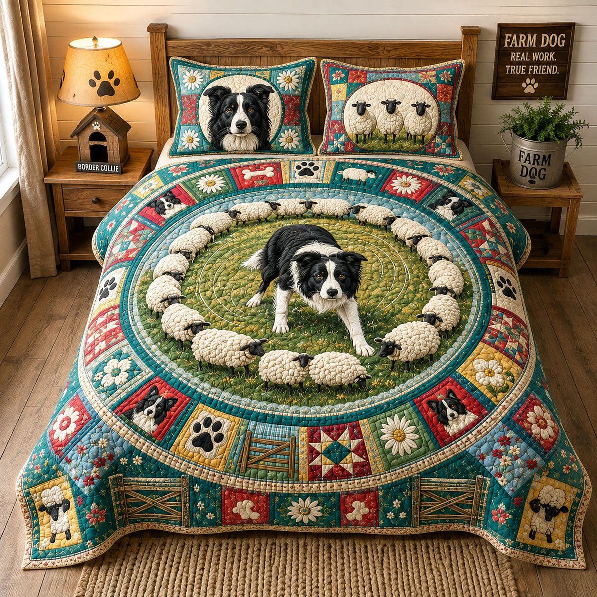 Border Collie Herding Day 3 Piece Quilted Bedding Set Gift For Dog Lovers
