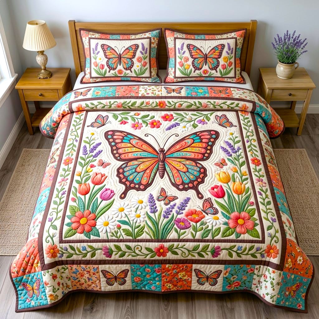 Butterfly Garden 3 Piece Quilted Bedding Set Gift For Butterfly Lovers