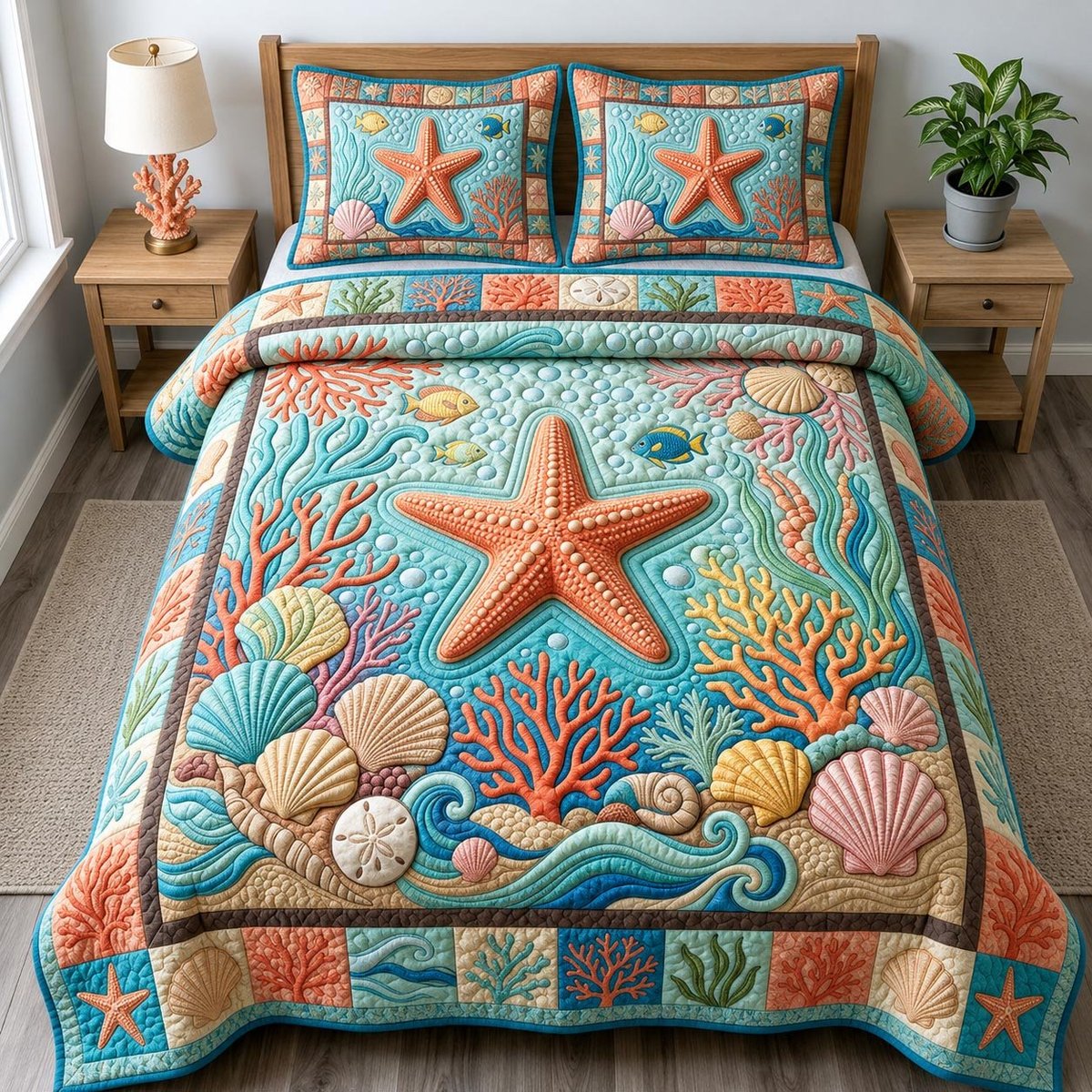 Coastal Whisper Beach 3 Piece Quilted Bedding Set Gift For Beach Lovers