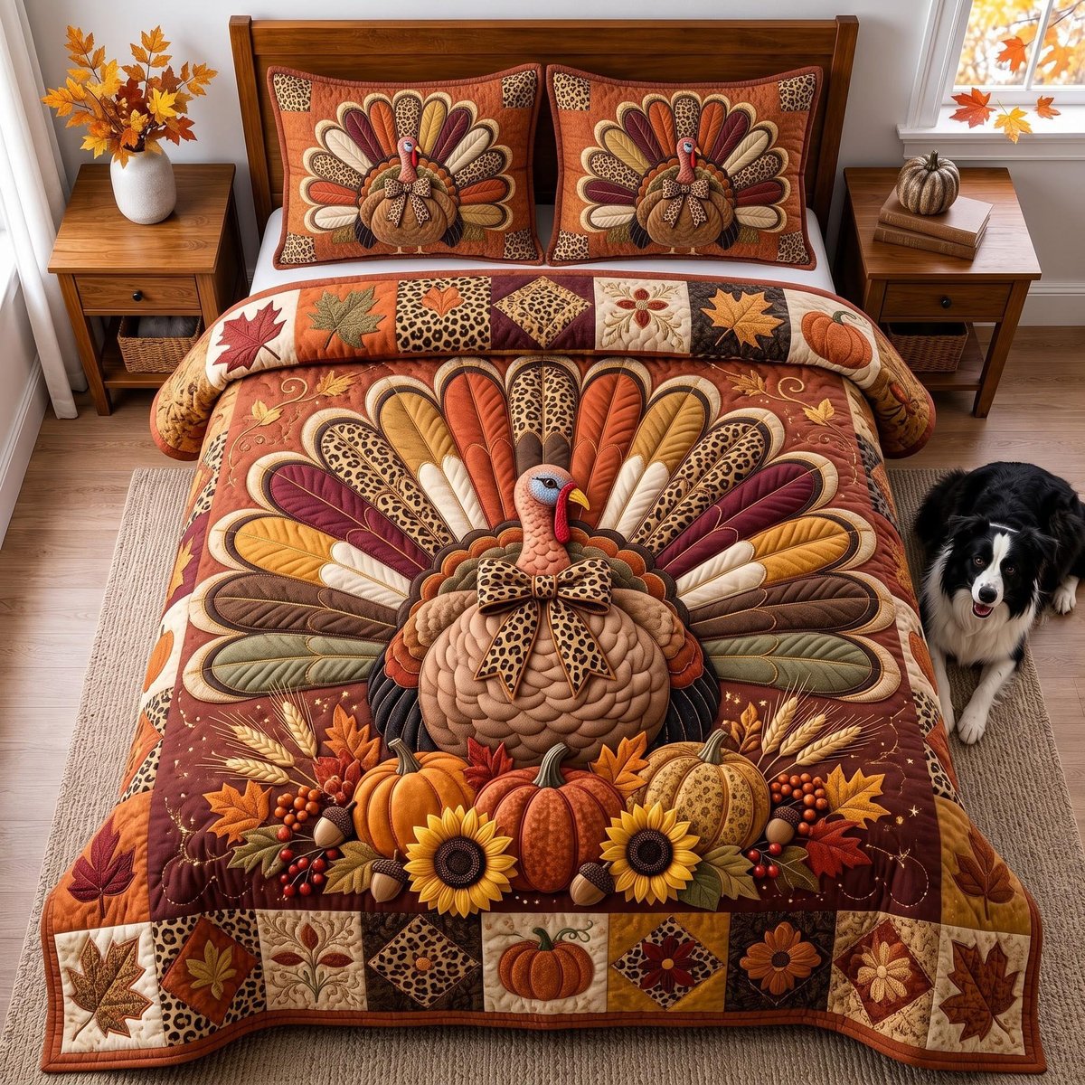 Turkey 3 Piece Quilted Bedding Set Thanksgiving Gift For Gothic Decor Lovers