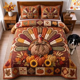 Turkey 3 Piece Quilted Bedding Set Thanksgiving Gift For Gothic Decor Lovers