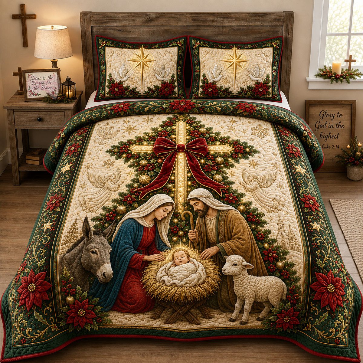 Nativity Cross 3 Piece Quilted Bedding Set Christmas Gift For Christians