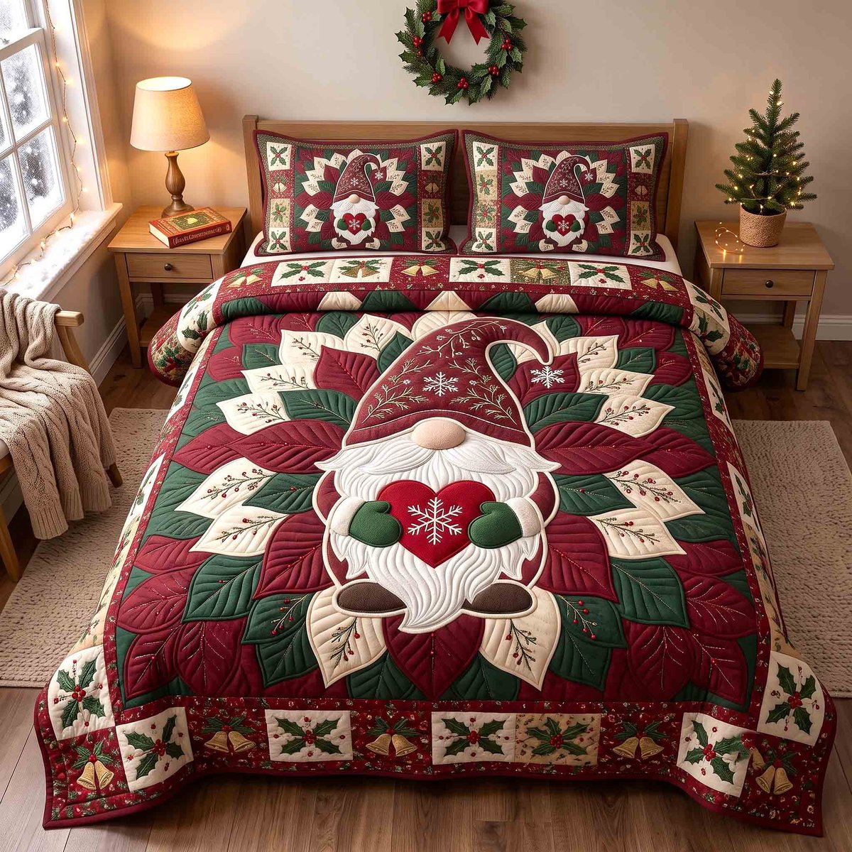 Gnome Heart 3 Piece Quilted Bedding Set Christmas Gift For Holiday Decor Lovers