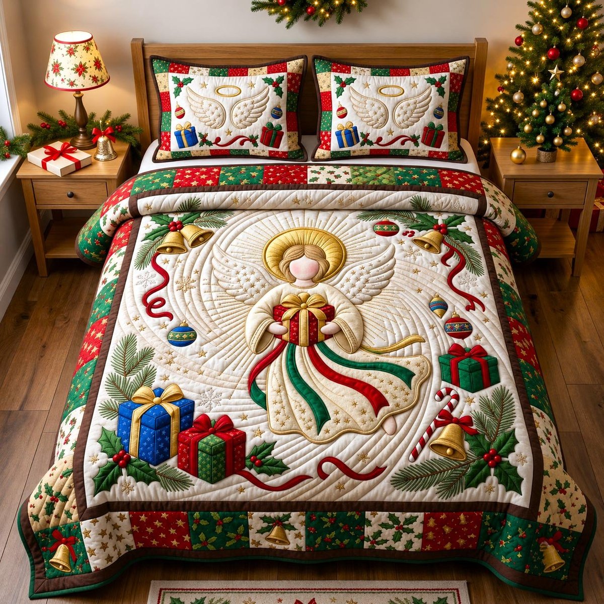 Angel Christian 3 Piece Quilted Bedding Set Christmas Gift For Holiday Decor Lovers